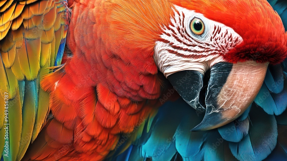 Fototapeta premium a vibrant parrot's feathers and beak, capturing the vivid colors and textures 