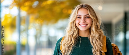 Cheerful blonde high school student, smiling and looking directly at the camera, with her backpack slung over one shoulder