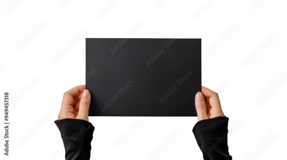 Hands holding empty black certificate mock-up isolated on white background Hands holding empty black certificate mock-up isolated on white background