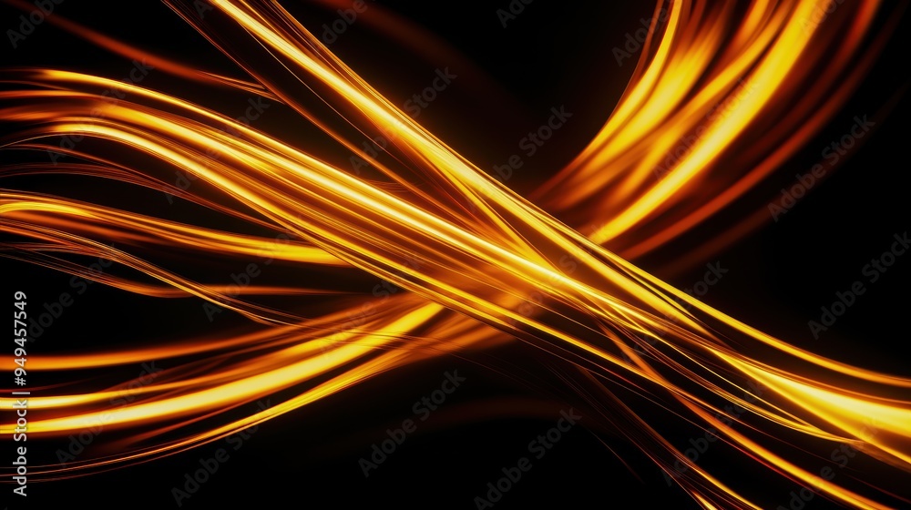 Bold gold and amber swirling ribbons of light, forming an intricate, dynamic pattern on a black background, evoking a sense of luxury