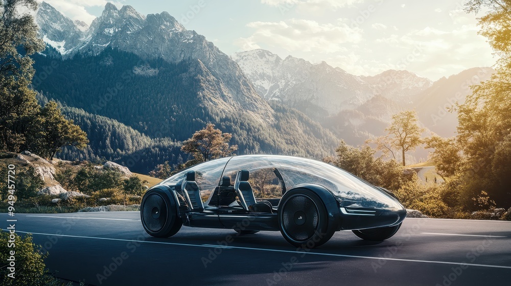 Naklejka premium Futuristic Electric Car Driving on a Mountain Road with Stunning View