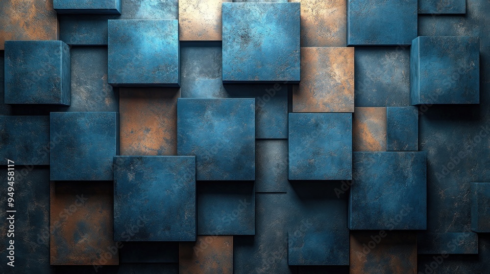 A textured arrangement of blue and copper blocks creating a modern abstract design. A textured arrangement of blue and copper blocks creating a modern abstract design.