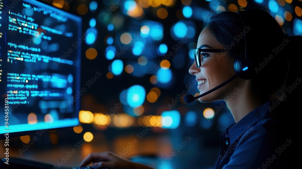 Call center agent smiling warmly as they assist a customer over the phone, with holographic tech support tools floating around, representing efficiency and customer care Call center agent smiling warmly as they assist a customer over the phone, with holographic tech support tools floating around, representing efficiency and customer care