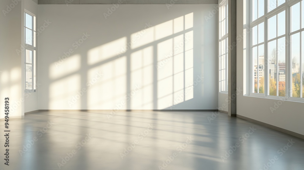 Fototapeta premium Spacious empty room with large windows casting soft natural light and shadows on the floor. Ideal for interior design, architecture, or real estate projects.