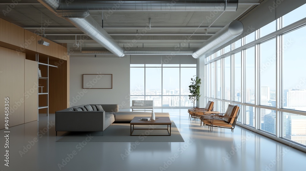 Fototapeta premium Spacious modern office interior with large windows, sleek furniture, and city view, showcasing a minimalistic and contemporary design.