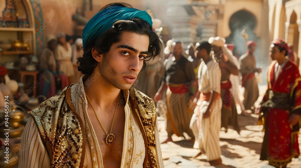 Aladdins dramatic transformation street rat prince captured sequence of images scene shifts Aladdin in ragged clothes to him wearing princely garments with the magic lamp and genie in the background Aladdins dramatic transformation street rat prince captured sequence of images scene shifts Aladdin in ragged clothes to him wearing princely garments with the magic lamp and genie in the background