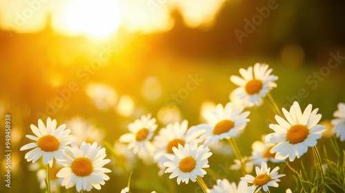 A field of white daisies in full bloom, with the setting sun casting a warm golden glow, and the blurred meadow enhancing the golden hour effect