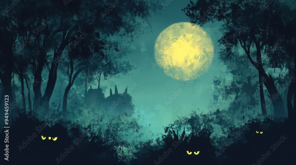 Obraz premium Mystical Forest Night with Full Moon and Glowing Eyes.