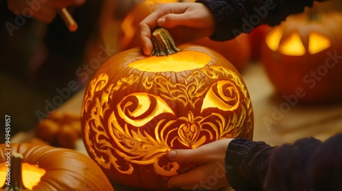 A fun and festive pumpkin carving scene with friends creating intricate designs and displaying their jack-o-lanterns photo