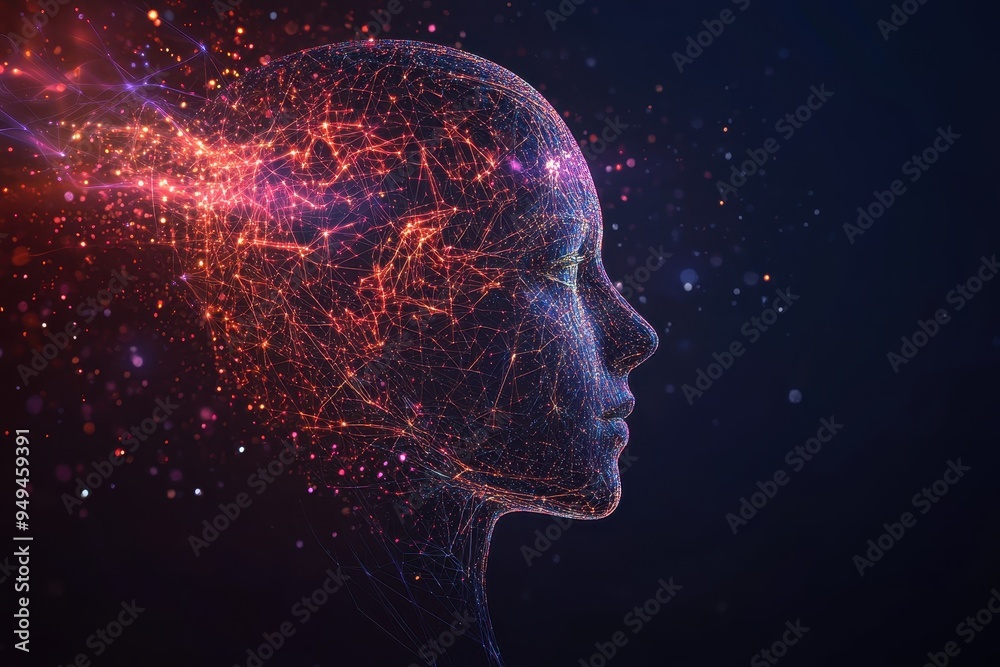 Abstract Digital Human Head with Glowing Lines and Particles - Artificial Intelligence Concept. Abstract Digital Human Head with Glowing Lines and Particles - Artificial Intelligence Concept.