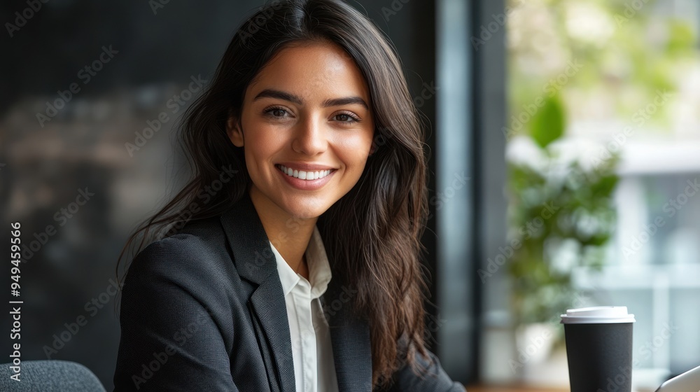 Confident young businesswoman in a sleek office suit sitting at a desk Confident young businesswoman in a sleek office suit sitting at a desk