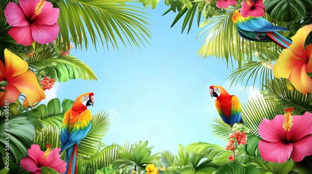 Fototapeta Tropical Paradise Border with Macaws and Hibiscus Flowers.