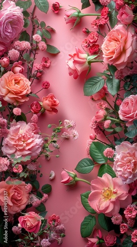 pink background with roses and other flowers