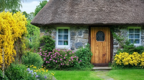 Cozy cottage with a thatched roof, blooming garden, 