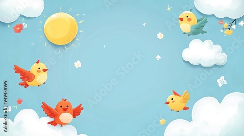 Cute Cartoon Birds Flying in a Blue Sky with Clouds and Sun - Watercolor Illustration.