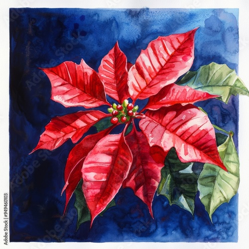 watercolor painting of a bright red poinsettia against a dark blue background, on isolated white background