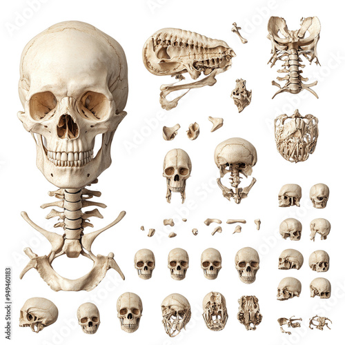 Various views and parts of a human skeleton skull isolated on white background, including vertebrae and bones. photo