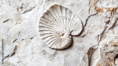 Close-up view of ancient Phacopida fossil embedded in stone, showcasing intricate fossilization patterns from the Cambrian period, isolated fossil on white background with textured rock surface. photo