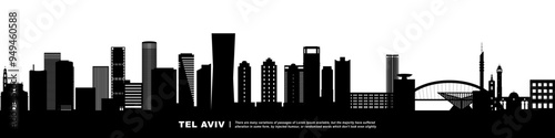 Panoramic View of Downtown Tel Aviv Skyline. Tel Aviv city black silhouette skyscrapers and buildings. Long cityscape.