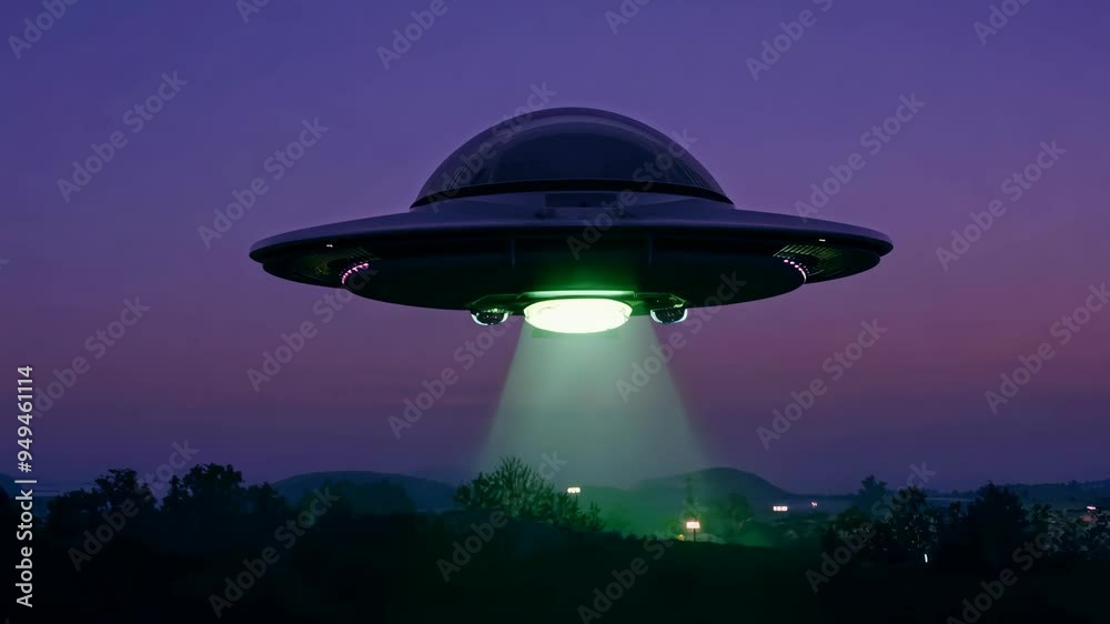 Bright green light shines from mysterious spacecraft hovering over mountains at dusk Bright green light shines from mysterious spacecraft hovering over mountains at dusk
