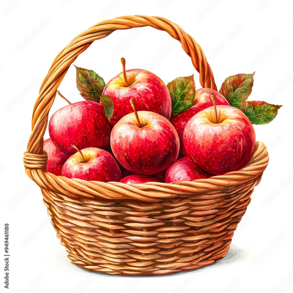 A wicker basket filled with vibrant red apples, complete with green leaves, perfect for representing freshness, harvest season, healthy eating, or natural product promotions, A wicker basket filled with vibrant red apples, complete with green leaves, perfect for representing freshness, harvest season, healthy eating, or natural product promotions,