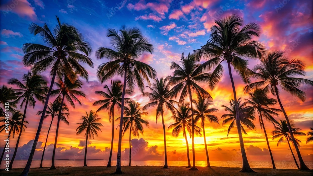 Palm tree silhouettes against a vibrant sunrise backdrop Palm tree silhouettes against a vibrant sunrise backdrop