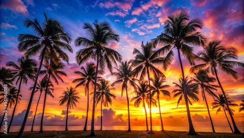 Palm tree silhouettes against a vibrant sunrise backdrop