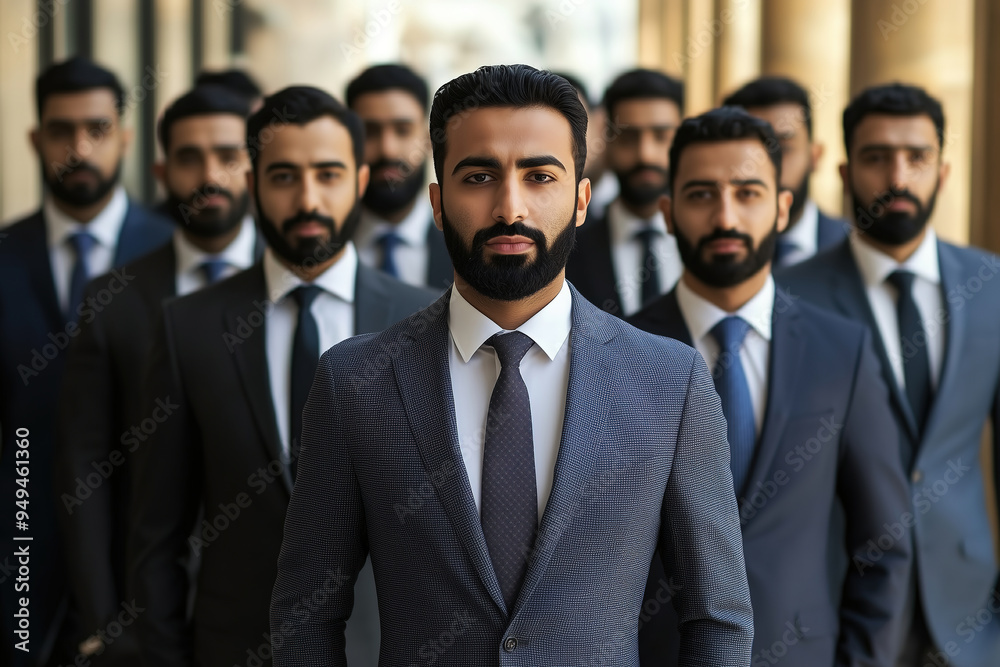 Confident Middle Eastern businessman leads team of similar-looking colleagues, all wearing dark suits and ties in a professional setting. Confident Middle Eastern businessman leads team of similar-looking colleagues, all wearing dark suits and ties in a professional setting.