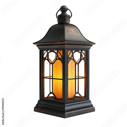 Vintage lantern with a glowing light inside, showcasing intricate metalwork and a warm, ambient glow perfect for decor or outdoor lighting.