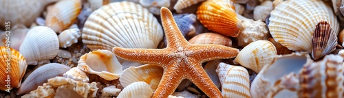 Assorted seashells and starfish in various shapes and colors, closeup, soft lighting, natural texture photo