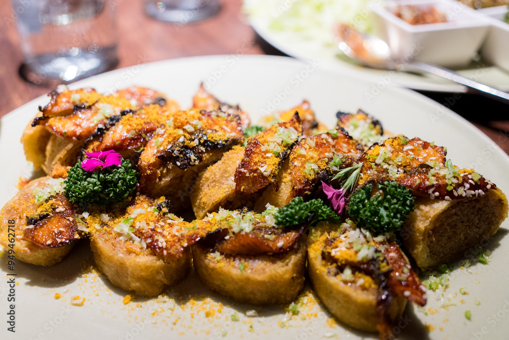 Crispy fried bread with roasted eel Crispy fried bread with roasted eel