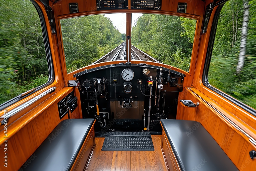 Steam train with a view from the conductor’s cabin, captured in a photo where the interior details of the cabin are shown, with the view ahead through the front window Steam train with a view from the conductor’s cabin, captured in a photo where the interior details of the cabin are shown, with the view ahead through the front window
