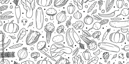 Vegetable seamless pattern with hand drawn doodle line art.