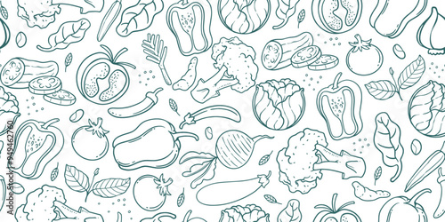 Vegetable seamless pattern with hand drawn doodle line art.