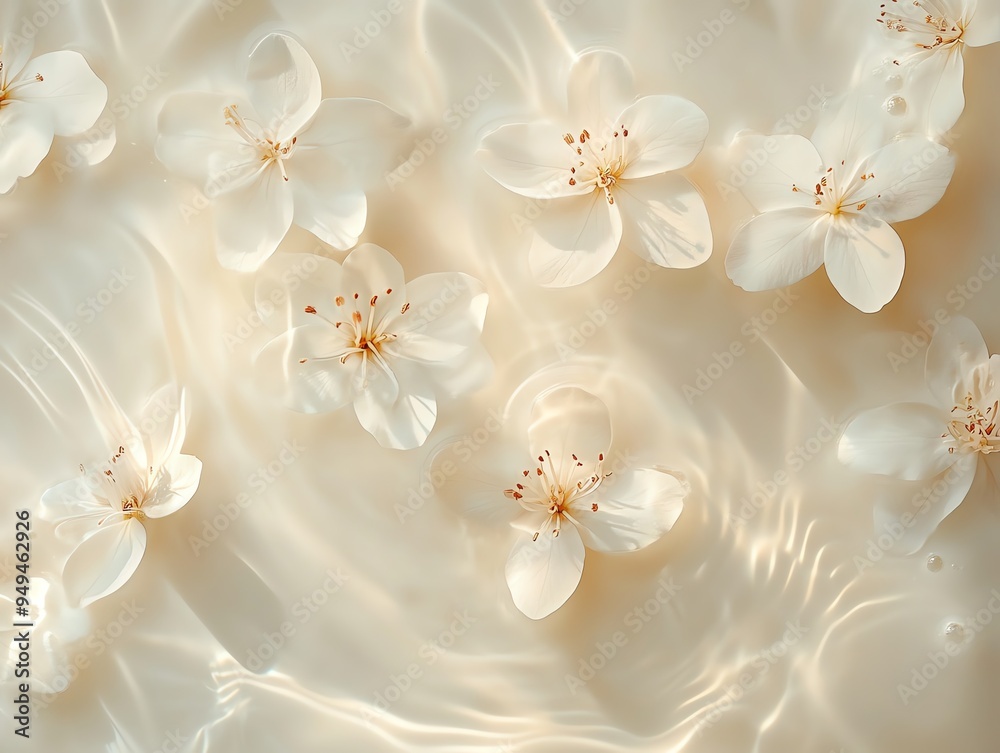 Delicate white flowers floating in milk, topdown view, soft natural light, minimalist composition Delicate white flowers floating in milk, topdown view, soft natural light, minimalist composition