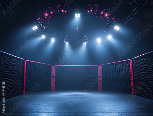 Empty MMA octagon under bright spotlights, industrial arena setting, symmetrical shot, high dynamic range