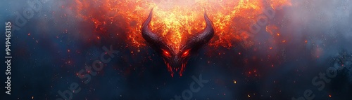 Fierce demon illustration with fiery colors, centered composition, high detail, dark fantasy style photo