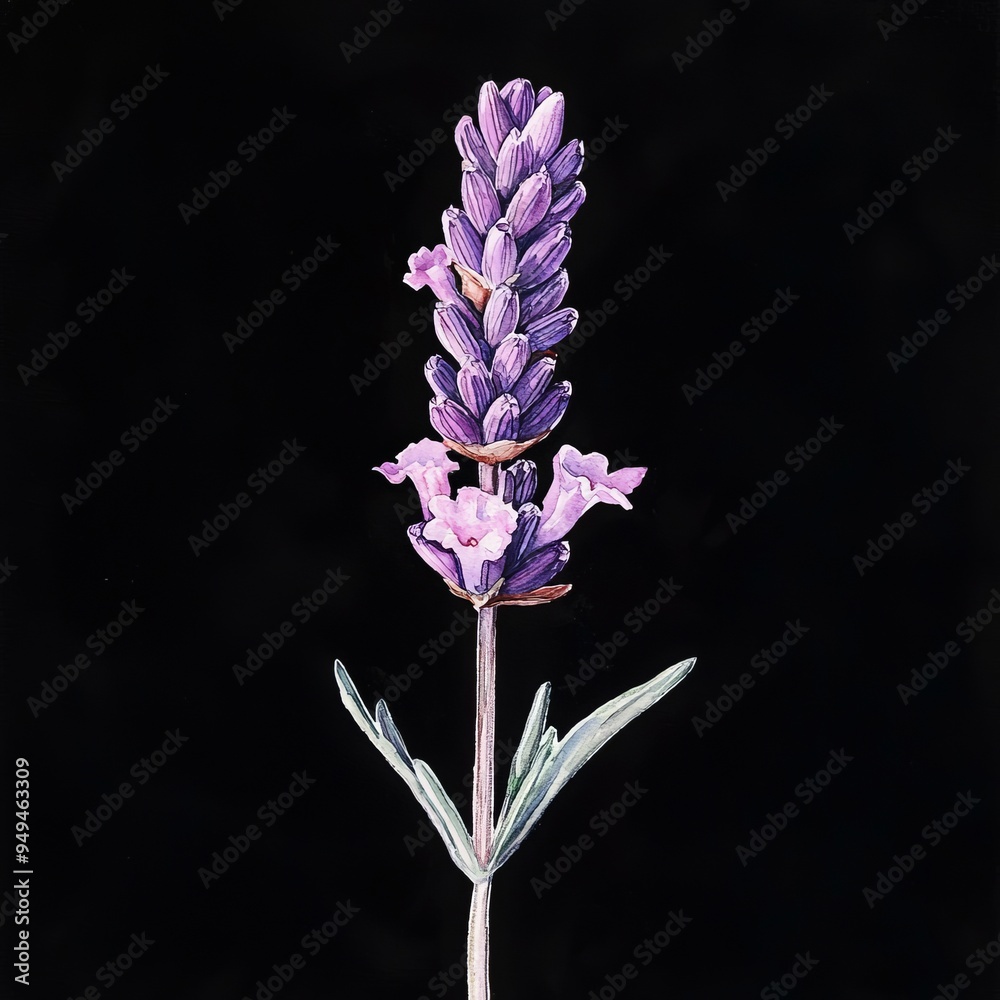 watercolor painting of a light lavender flower against a black background, on isolated white background watercolor painting of a light lavender flower against a black background, on isolated white background