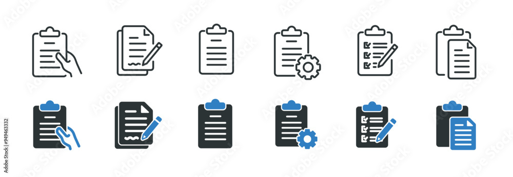 Clipboard line and glyph solid icons collection. Minimal icon and symbol series vector illustration Clipboard line and glyph solid icons collection. Minimal icon and symbol series vector illustration