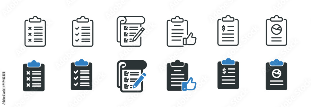 Clipboard line and glyph solid icons collection. Minimal icon and symbol series vector illustration Clipboard line and glyph solid icons collection. Minimal icon and symbol series vector illustration