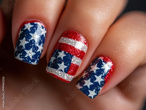 Hand with American flagthemed nails, closeup, sparkly finish, studio lighting, sharp focus photo