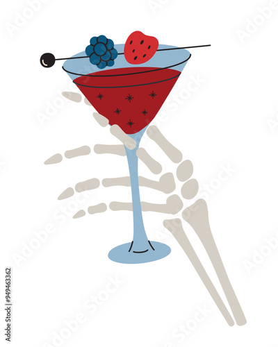 Vector illustration of skeleton hand holding a Halloween cocktail with blackberry and strawberry, witches heart beverage. Spooky glass for gothic celebrations and parties. Flat red alcohol drink