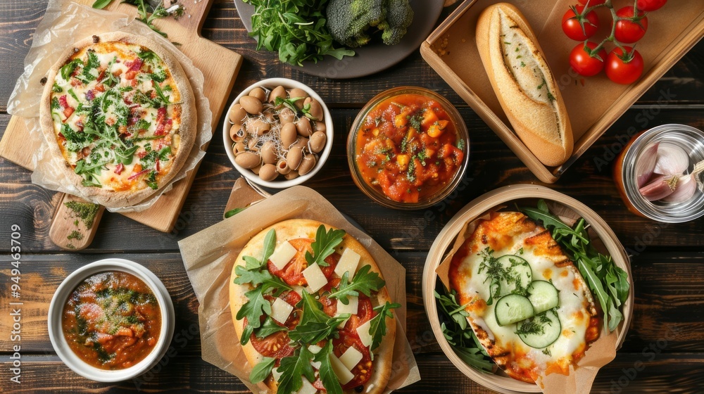 A table full of food including pizza, bread, and vegetables