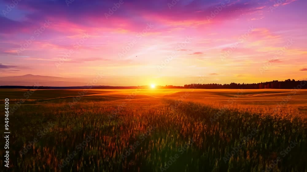 Stunning sunset over a serene field with vibrant colors in the sky at dusk Stunning sunset over a serene field with vibrant colors in the sky at dusk