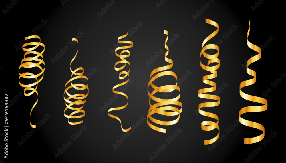 Obraz premium Gold confetti. Serpentine spiral ribbons. Golden luxury party decor.