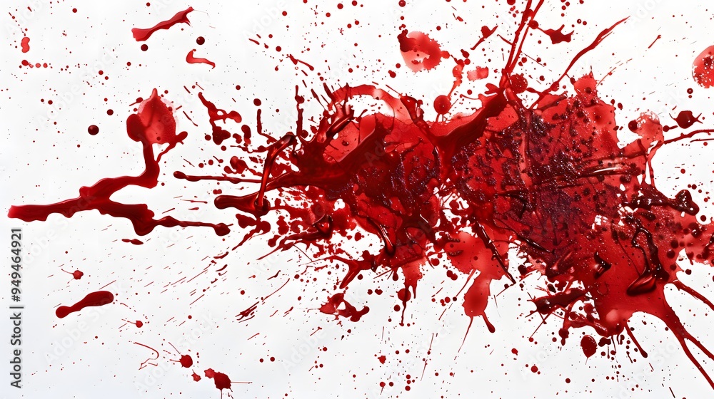 Red splatters and drips against a stark white background. The splashes vary in size and intensity Red splatters and drips against a stark white background. The splashes vary in size and intensity