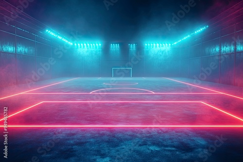 textured soccer game field with neon fog - center, midfield. 3d Illustration , ai