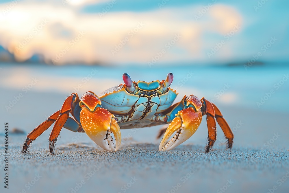 Vibrant orange crab with bright blue eyes stands on sandy beach at sunset, nature's stunning colors against a serene coastal backdrop. Vibrant orange crab with bright blue eyes stands on sandy beach at sunset, nature's stunning colors against a serene coastal backdrop.