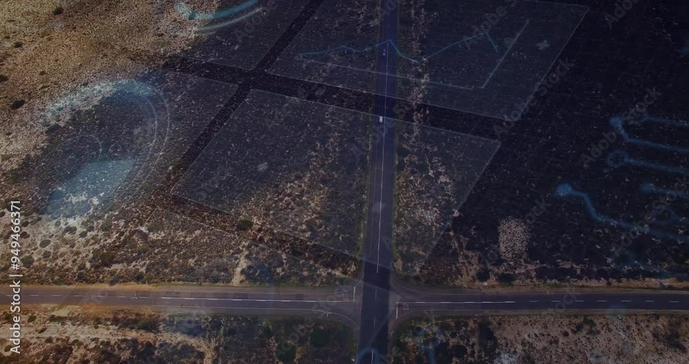 Road intersection overlaid with digital mapping and navigation animation