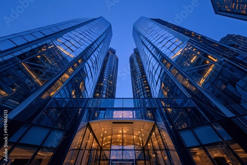 From below of entrance of office building next to contemporary high rise structures with glass mirrored walls and illuminated lights in calgary city against cloudless blue sky, ai